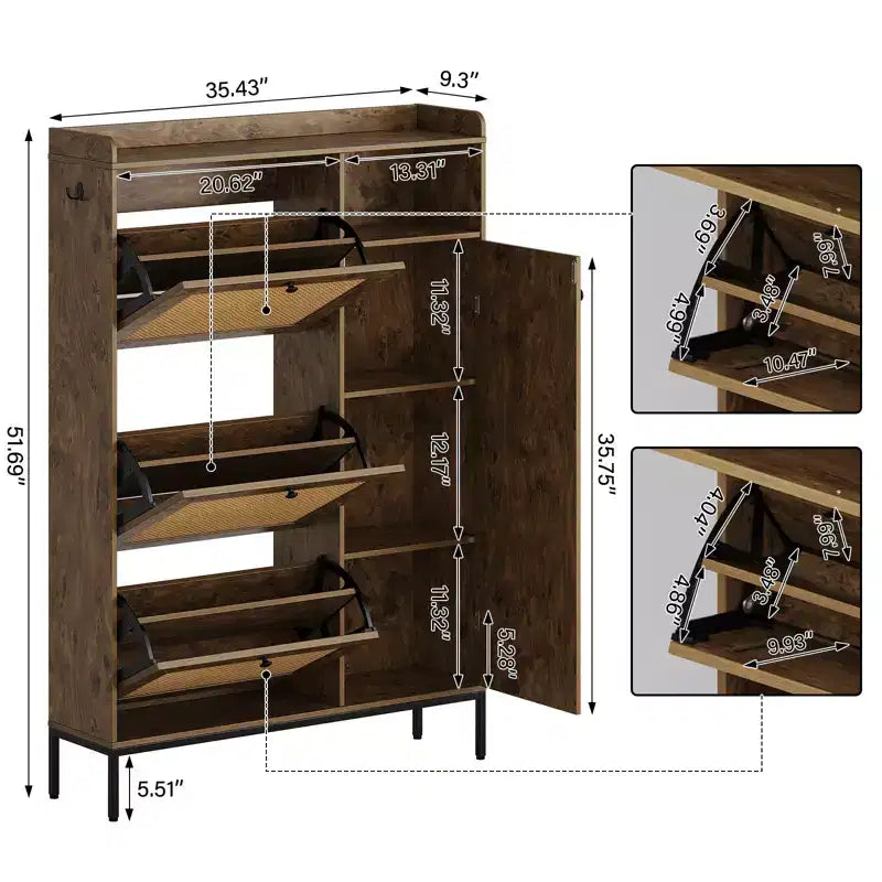 Meuble à chaussures en rotin avec 3 tiroirs basculants, meuble de rangement à chaussures dissimulé, organisateur à chaussures étroit en bois à 4 niveaux pour entrée, couloir, salon