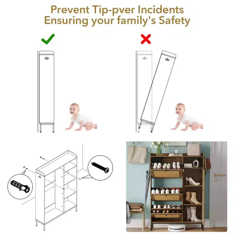 Meuble à chaussures en rotin avec 3 tiroirs basculants, meuble de rangement à chaussures dissimulé, organisateur à chaussures étroit en bois à 4 niveaux pour entrée, couloir, salon