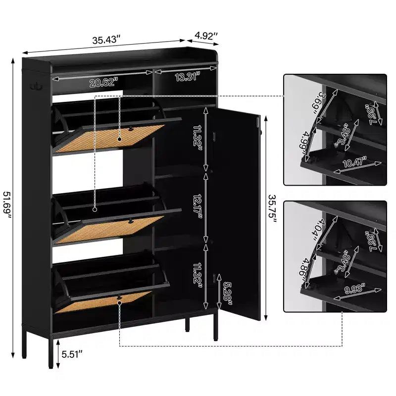 Meuble à chaussures en rotin avec 3 tiroirs basculants, meuble de rangement à chaussures dissimulé, organisateur à chaussures étroit en bois à 4 niveaux pour entrée, couloir, salon