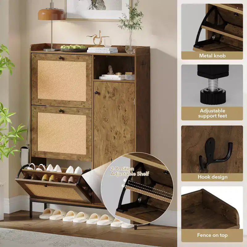 Meuble à chaussures en rotin avec 3 tiroirs basculants, meuble de rangement à chaussures dissimulé, organisateur à chaussures étroit en bois à 4 niveaux pour entrée, couloir, salon