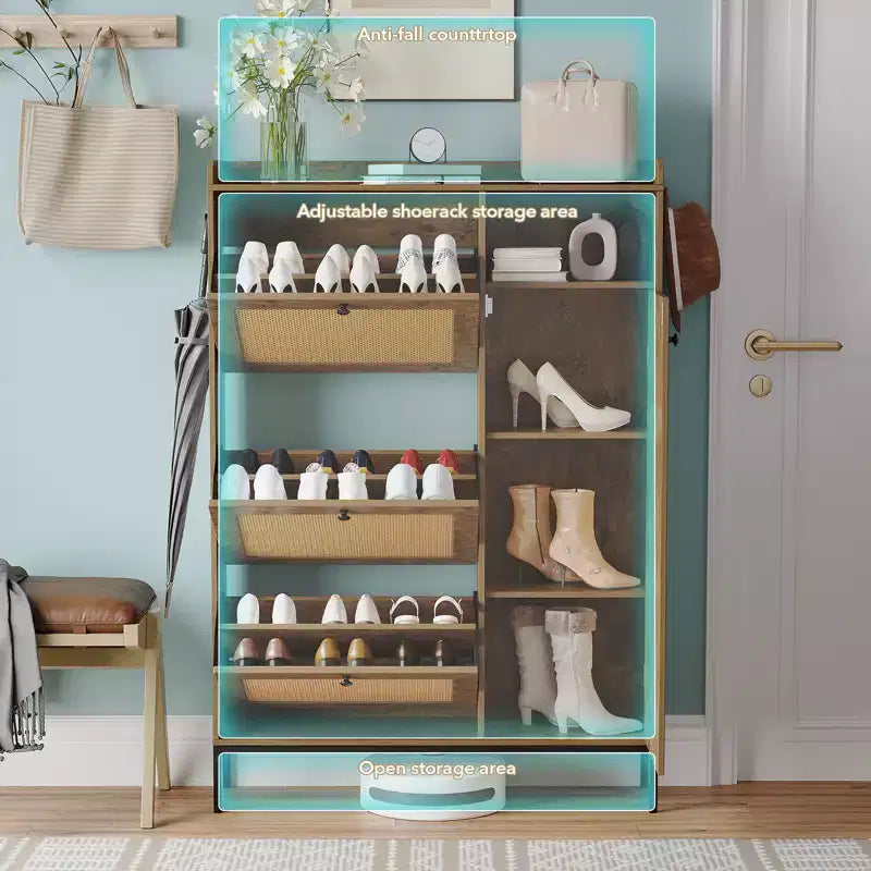 Meuble à chaussures en rotin avec 3 tiroirs basculants, meuble de rangement à chaussures dissimulé, organisateur à chaussures étroit en bois à 4 niveaux pour entrée, couloir, salon