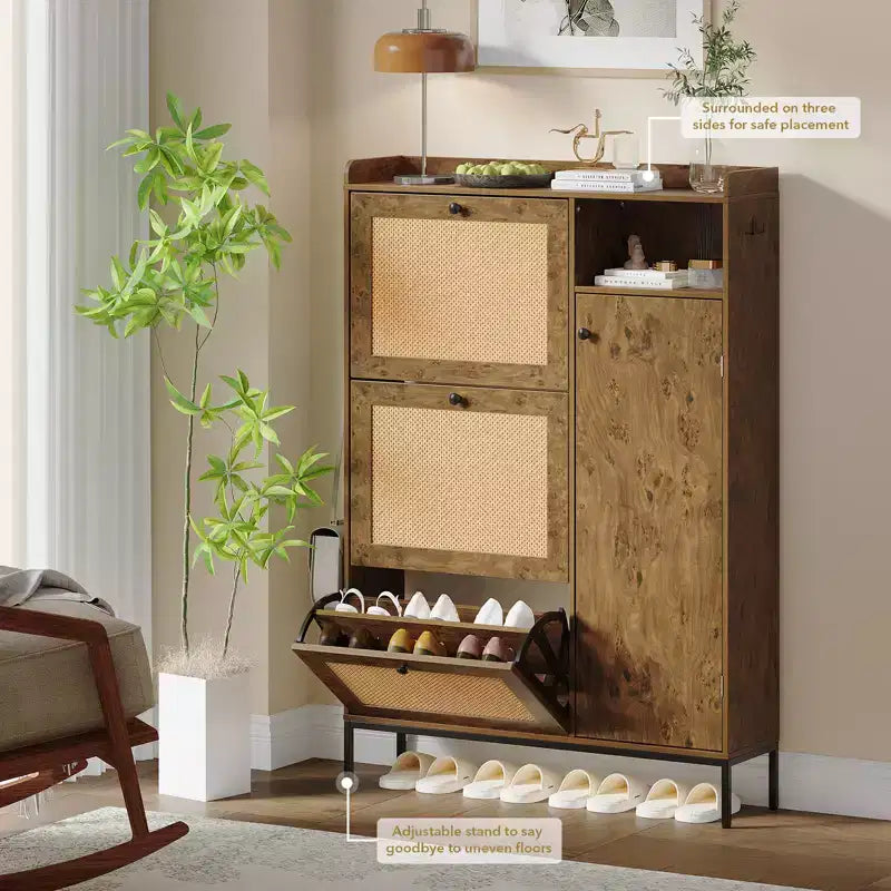 Meuble à chaussures en rotin avec 3 tiroirs basculants, meuble de rangement à chaussures dissimulé, organisateur à chaussures étroit en bois à 4 niveaux pour entrée, couloir, salon