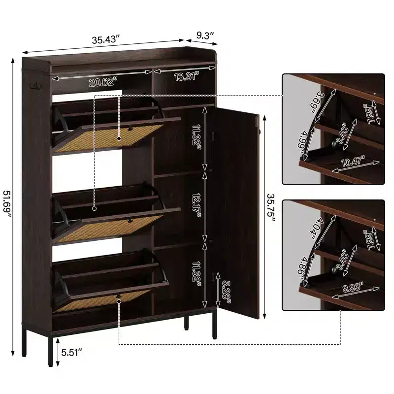 Meuble à chaussures en rotin avec 3 tiroirs basculants, meuble de rangement à chaussures dissimulé, organisateur à chaussures étroit en bois à 4 niveaux pour entrée, couloir, salon