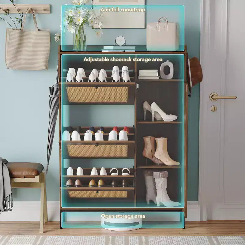 Meuble à chaussures en rotin avec 3 tiroirs basculants, meuble de rangement à chaussures dissimulé, organisateur à chaussures étroit en bois à 4 niveaux pour entrée, couloir, salon