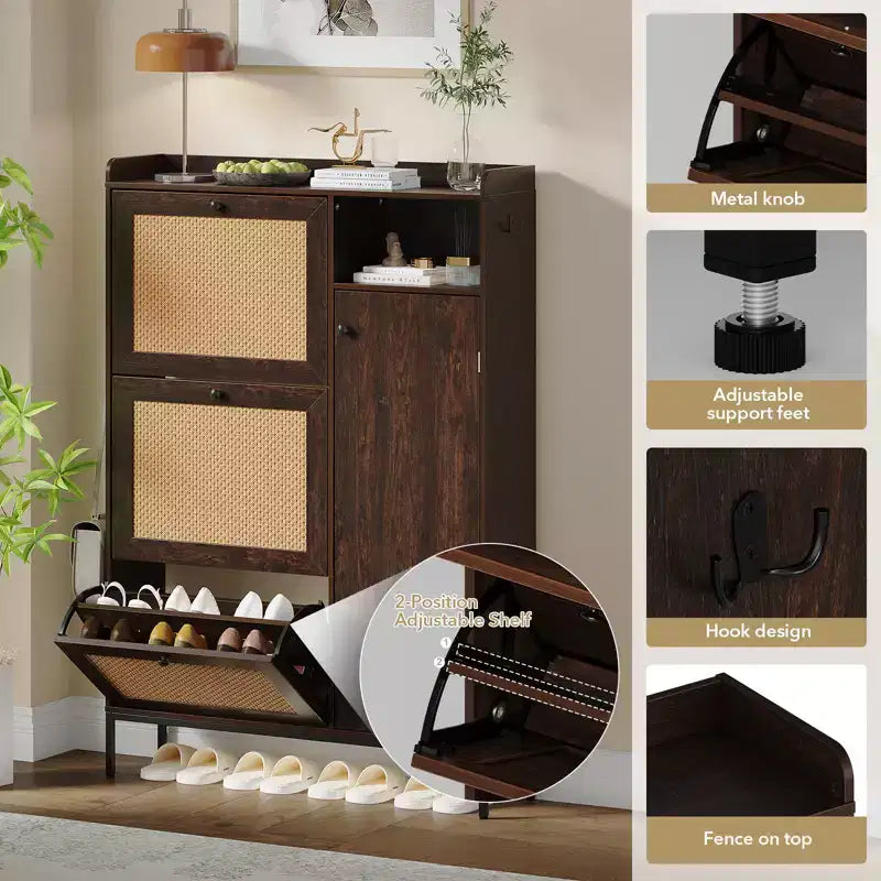 Meuble à chaussures en rotin avec 3 tiroirs basculants, meuble de rangement à chaussures dissimulé, organisateur à chaussures étroit en bois à 4 niveaux pour entrée, couloir, salon