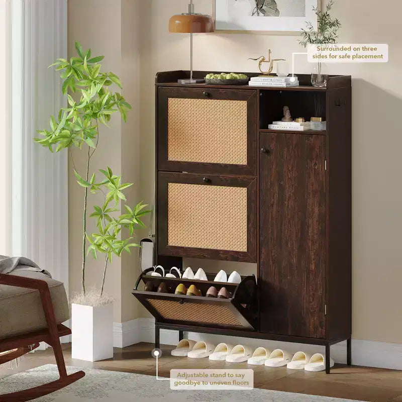 Meuble à chaussures en rotin avec 3 tiroirs basculants, meuble de rangement à chaussures dissimulé, organisateur à chaussures étroit en bois à 4 niveaux pour entrée, couloir, salon