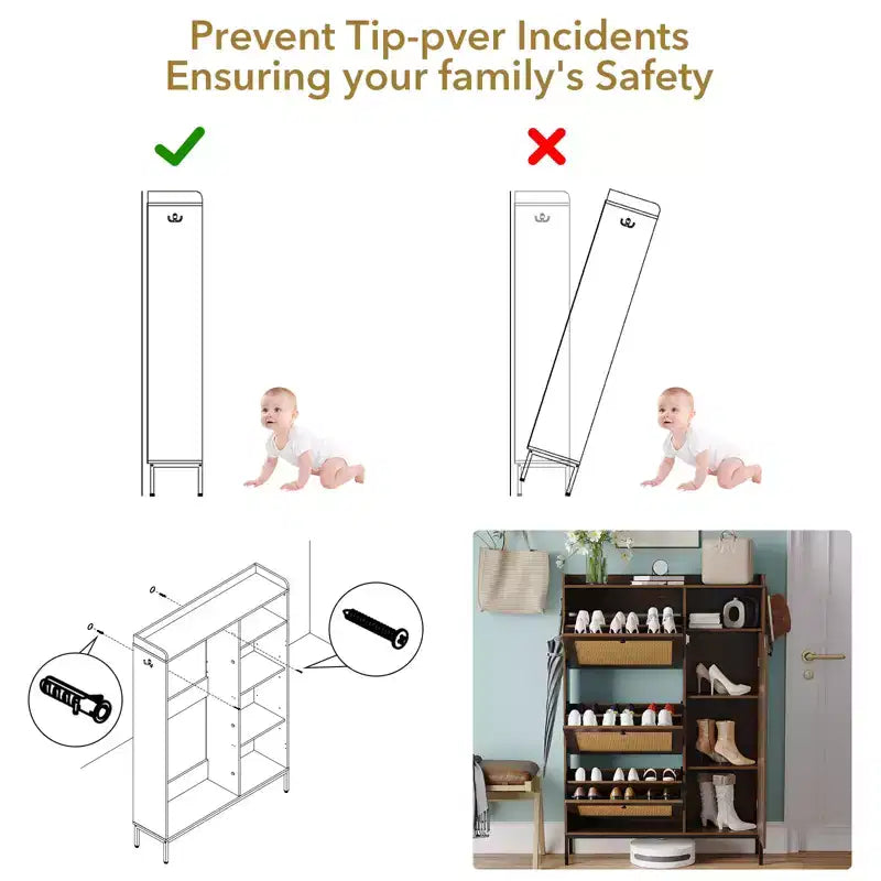Meuble à chaussures en rotin avec 3 tiroirs basculants, meuble de rangement à chaussures dissimulé, organisateur à chaussures étroit en bois à 4 niveaux pour entrée, couloir, salon