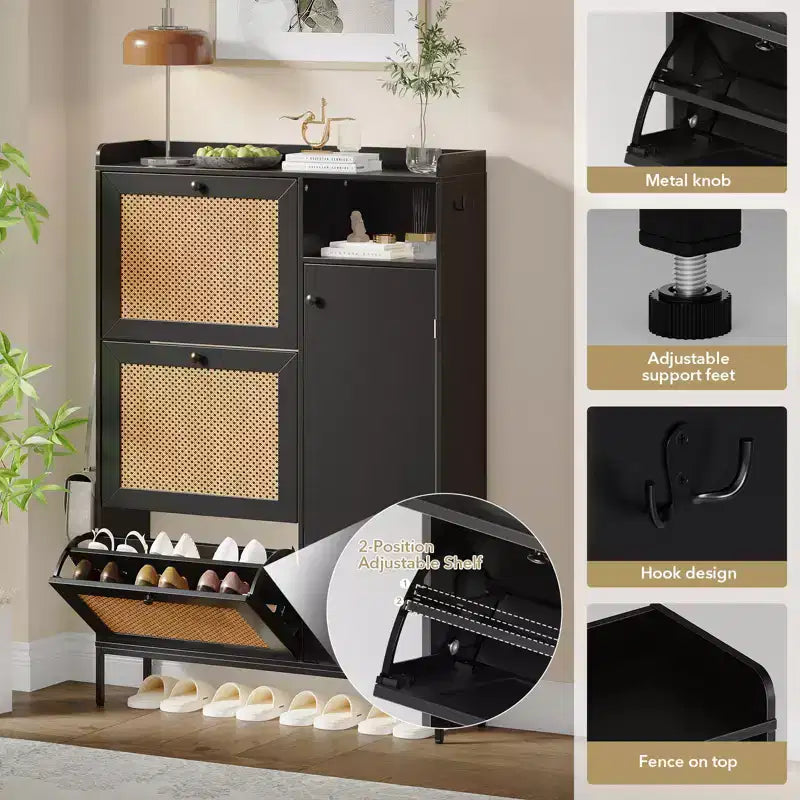 Meuble à chaussures en rotin avec 3 tiroirs basculants, meuble de rangement à chaussures dissimulé, organisateur à chaussures étroit en bois à 4 niveaux pour entrée, couloir, salon