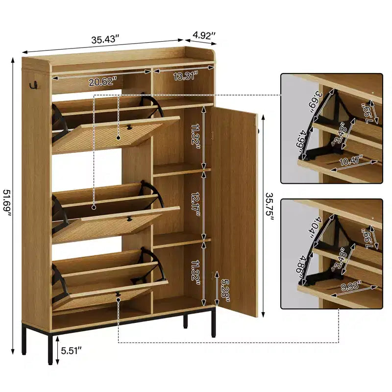 Meuble à chaussures en rotin avec 3 tiroirs basculants, meuble de rangement à chaussures dissimulé, organisateur à chaussures étroit en bois à 4 niveaux pour entrée, couloir, salon