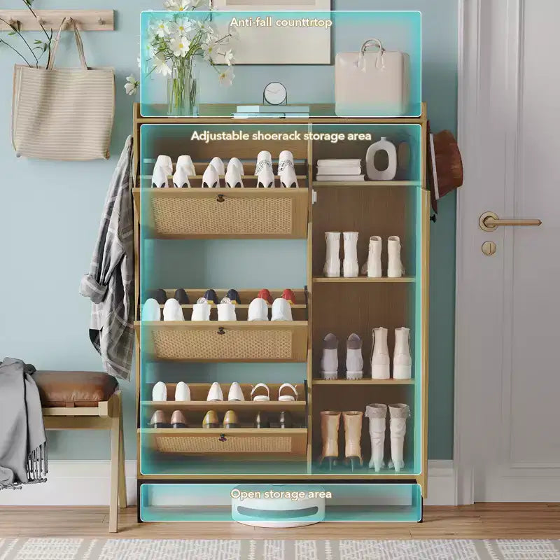 Meuble à chaussures en rotin avec 3 tiroirs basculants, meuble de rangement à chaussures dissimulé, organisateur à chaussures étroit en bois à 4 niveaux pour entrée, couloir, salon