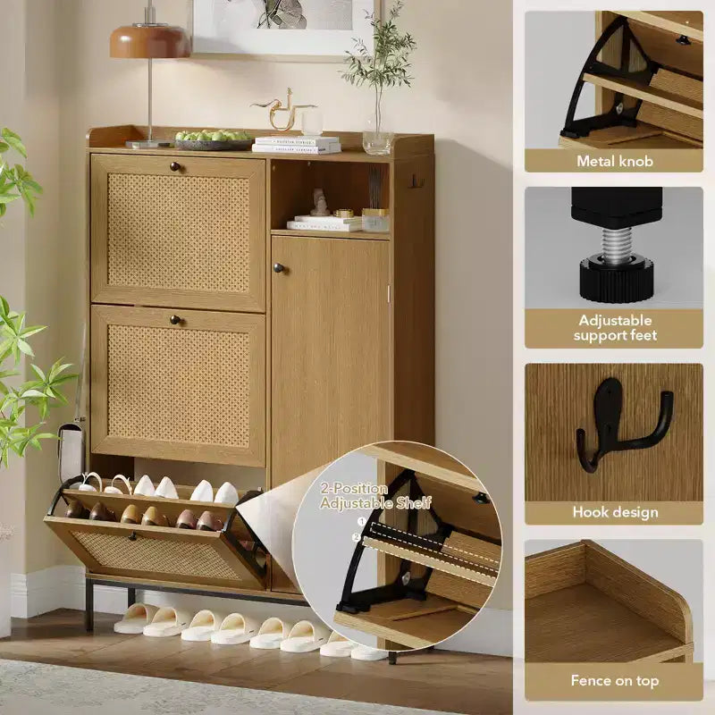 Meuble à chaussures en rotin avec 3 tiroirs basculants, meuble de rangement à chaussures dissimulé, organisateur à chaussures étroit en bois à 4 niveaux pour entrée, couloir, salon