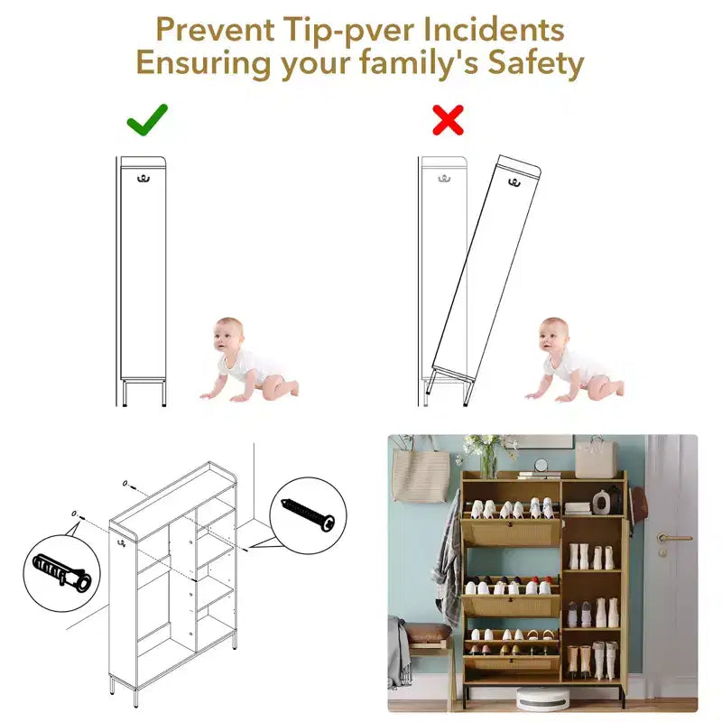 Meuble à chaussures en rotin avec 3 tiroirs basculants, meuble de rangement à chaussures dissimulé, organisateur à chaussures étroit en bois à 4 niveaux pour entrée, couloir, salon