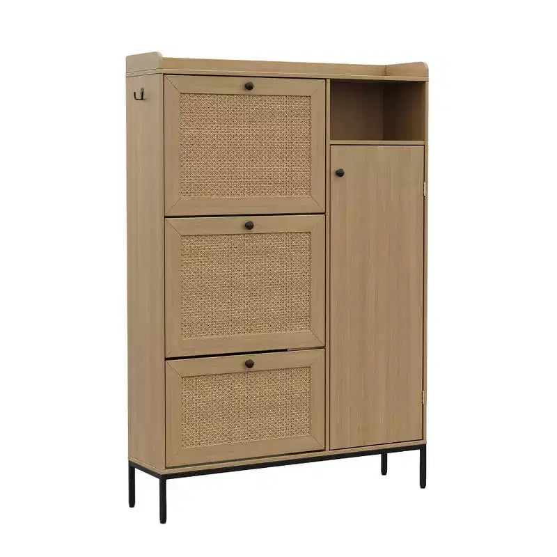 Meuble à chaussures en rotin avec 3 tiroirs basculants, meuble de rangement à chaussures dissimulé, organisateur à chaussures étroit en bois à 4 niveaux pour entrée, couloir, salon