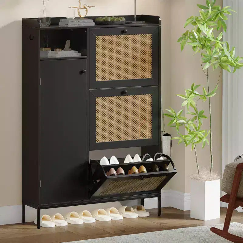 Meuble à chaussures en rotin avec 3 tiroirs basculants, meuble de rangement à chaussures dissimulé, organisateur à chaussures étroit en bois à 4 niveaux pour entrée, couloir, salon