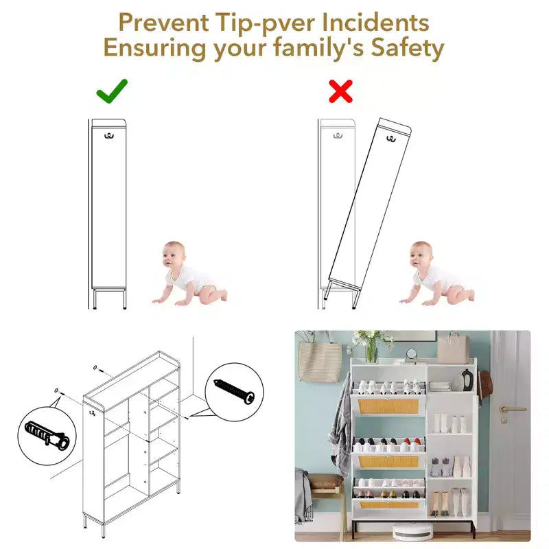 Meuble à chaussures en rotin avec 3 tiroirs basculants, meuble de rangement à chaussures dissimulé, organisateur à chaussures étroit en bois à 4 niveaux pour entrée, couloir, salon