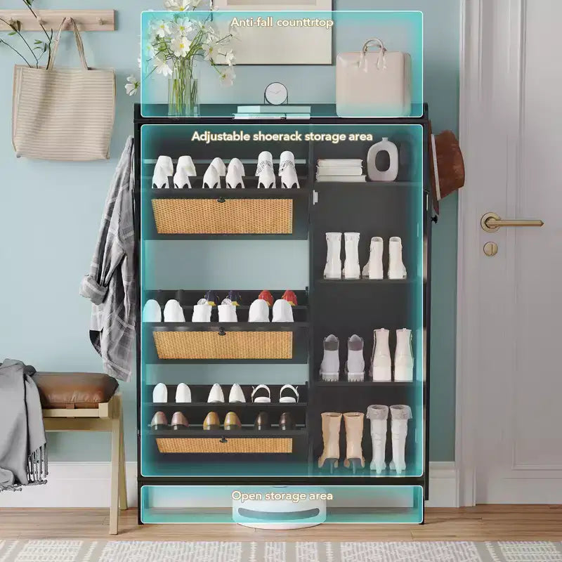 Meuble à chaussures en rotin avec 3 tiroirs basculants, meuble de rangement à chaussures dissimulé, organisateur à chaussures étroit en bois à 4 niveaux pour entrée, couloir, salon