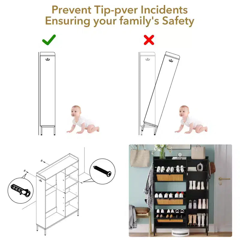 Meuble à chaussures en rotin avec 3 tiroirs basculants, meuble de rangement à chaussures dissimulé, organisateur à chaussures étroit en bois à 4 niveaux pour entrée, couloir, salon