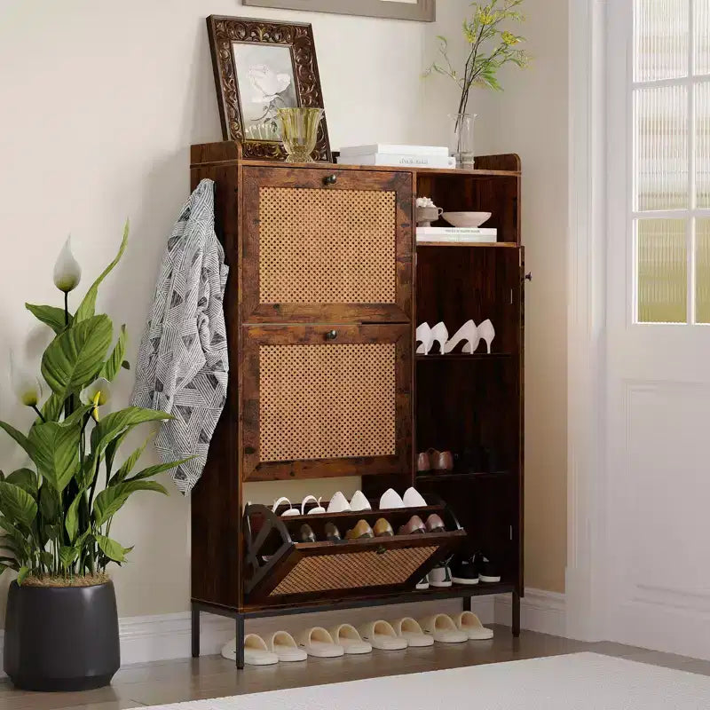 Meuble à chaussures en rotin avec 3 tiroirs basculants, meuble de rangement à chaussures dissimulé, organisateur à chaussures étroit en bois à 4 niveaux pour entrée, couloir, salon