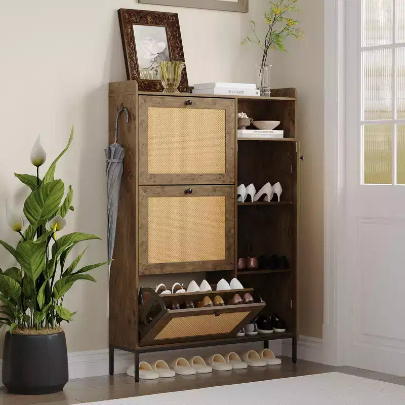 Meuble à chaussures en rotin avec 3 tiroirs basculants, meuble de rangement à chaussures dissimulé, organisateur à chaussures étroit en bois à 4 niveaux pour entrée, couloir, salon