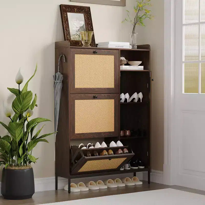 Meuble à chaussures en rotin avec 3 tiroirs basculants, meuble de rangement à chaussures dissimulé, organisateur à chaussures étroit en bois à 4 niveaux pour entrée, couloir, salon