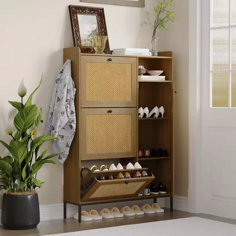 Meuble à chaussures en rotin avec 3 tiroirs basculants, meuble de rangement à chaussures dissimulé, organisateur à chaussures étroit en bois à 4 niveaux pour entrée, couloir, salon