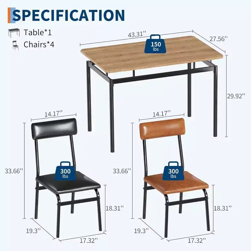 Ensemble table de salle à manger 5 pièces en bois, 4 chaises rembourrées en PU, ensemble de dînette à cadre métallique industriel pour salle à manger, dîner à la maison, marron