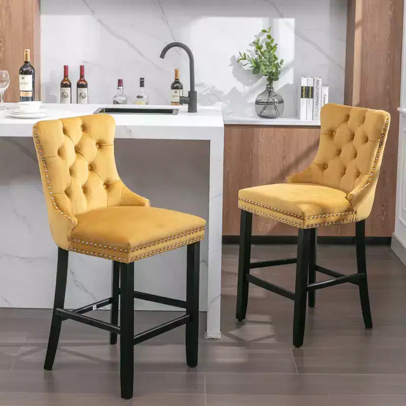 CLIHOME Lot de 2 chaises de bar, tabourets de bar contemporains recouverts de velours avec boutons touffetés et pieds en bois