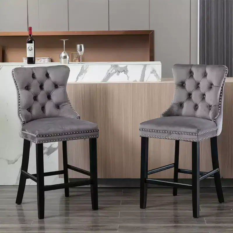 CLIHOME Lot de 2 chaises de bar, tabourets de bar contemporains recouverts de velours avec boutons touffetés et pieds en bois