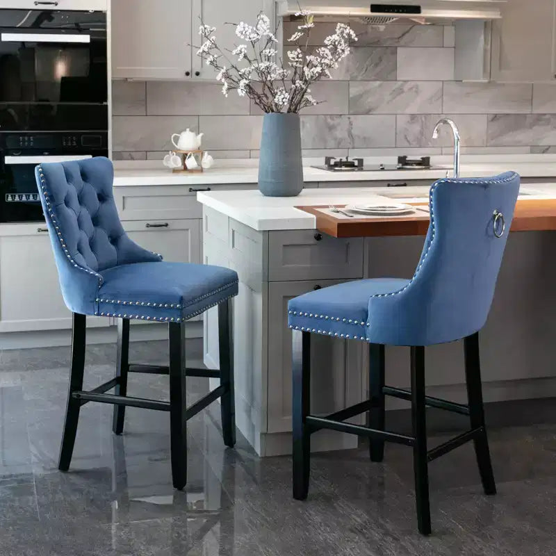 CLIHOME Lot de 2 chaises de bar, tabourets de bar contemporains recouverts de velours avec boutons touffetés et pieds en bois