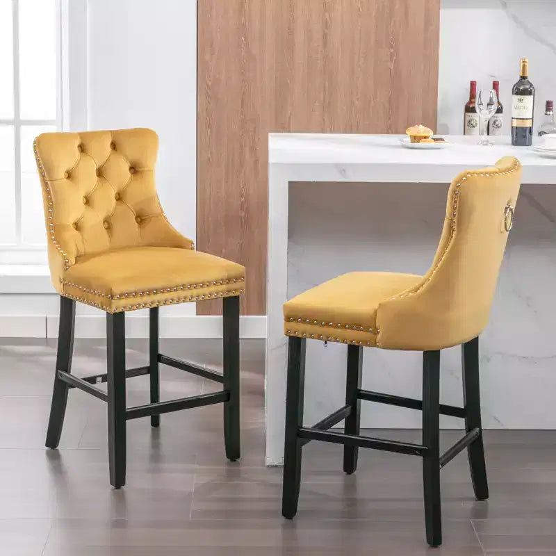 CLIHOME Lot de 2 chaises de bar, tabourets de bar contemporains recouverts de velours avec boutons touffetés et pieds en bois