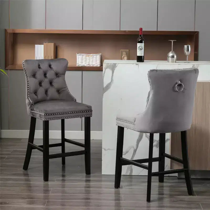 CLIHOME Lot de 2 chaises de bar, tabourets de bar contemporains recouverts de velours avec boutons touffetés et pieds en bois