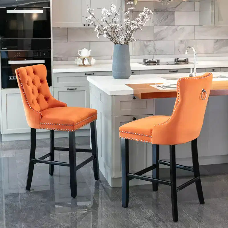 CLIHOME Lot de 2 chaises de bar, tabourets de bar contemporains recouverts de velours avec boutons touffetés et pieds en bois