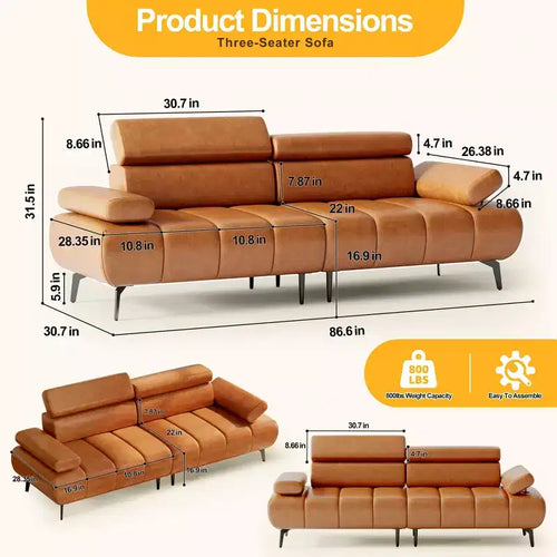 Canapé-lit futon en similicuir 86, causeuse convertible 3 places avec dossier réglable et appui-tête 6 positions, pour salon