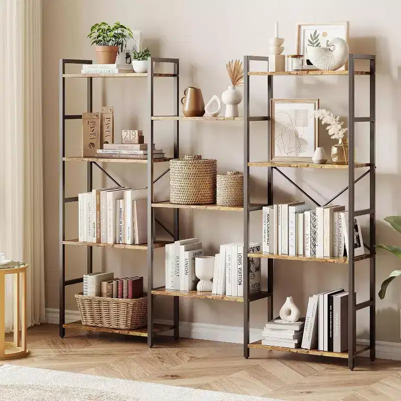 Étagère Acekool Triple Colonne 4 Niveaux, Bibliothèque Industrielle Réglable avec 11 Étagères Ouvertes, Grand Rangement pour Salon, Chambre, Bureau, Marron