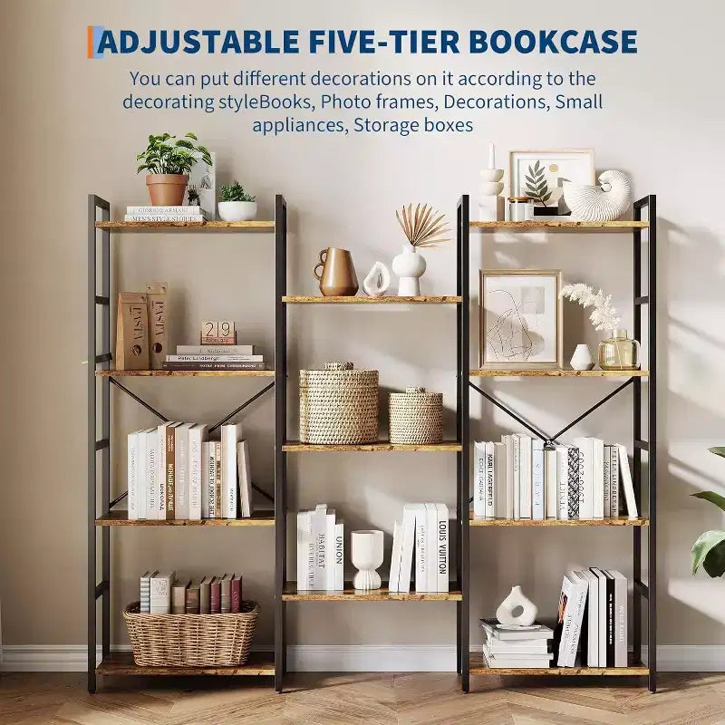 Étagère Acekool Triple Colonne 4 Niveaux, Bibliothèque Industrielle Réglable avec 11 Étagères Ouvertes, Grand Rangement pour Salon, Chambre, Bureau, Marron