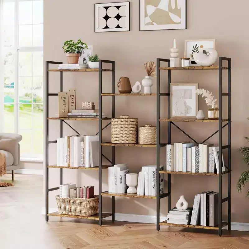 Étagère Acekool Triple Colonne 4 Niveaux, Bibliothèque Industrielle Réglable avec 11 Étagères Ouvertes, Grand Rangement pour Salon, Chambre, Bureau, Marron