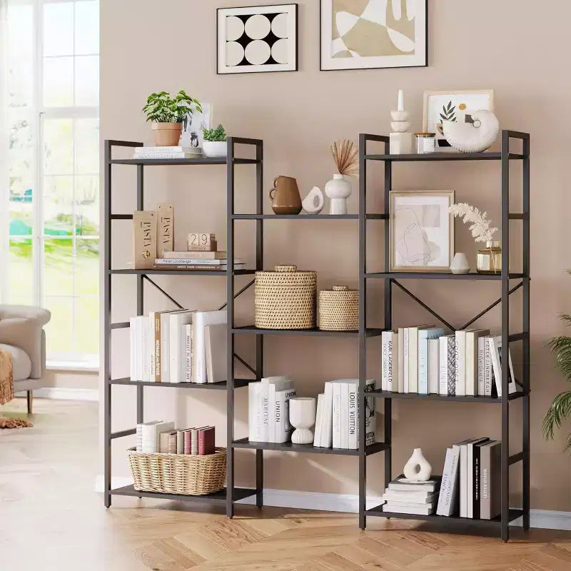 Étagère Acekool Triple Colonne 4 Niveaux, Bibliothèque Industrielle Réglable avec 11 Étagères Ouvertes, Grand Rangement pour Salon, Chambre, Bureau, Marron