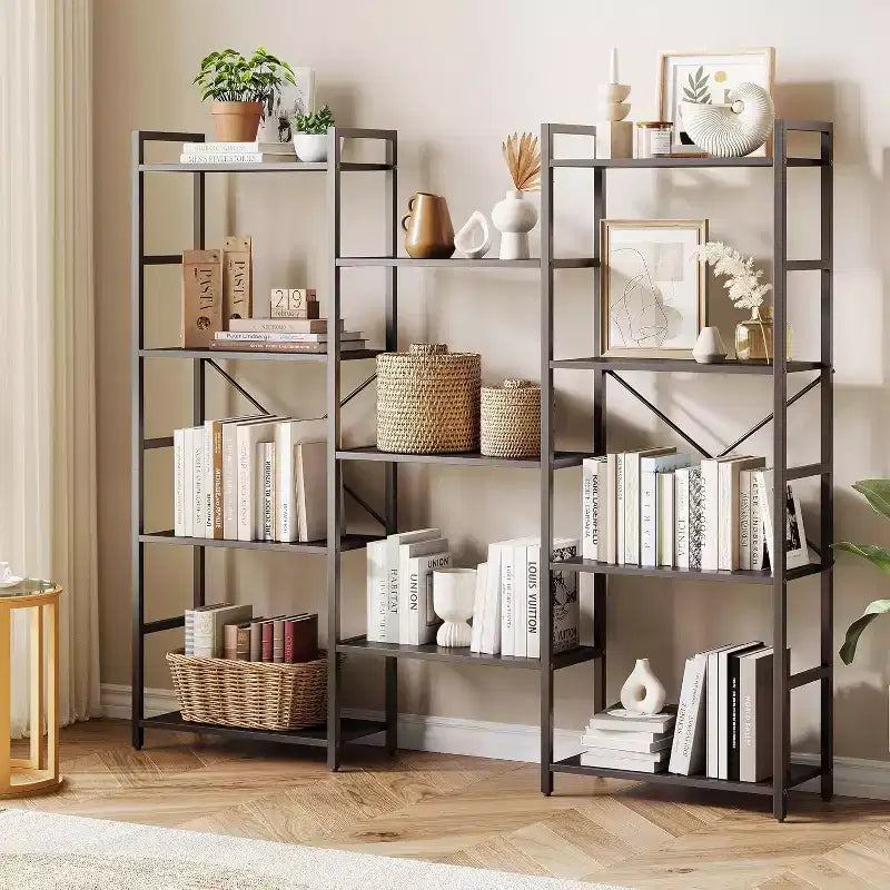 Étagère Acekool Triple Colonne 4 Niveaux, Bibliothèque Industrielle Réglable avec 11 Étagères Ouvertes, Grand Rangement pour Salon, Chambre, Bureau, Marron