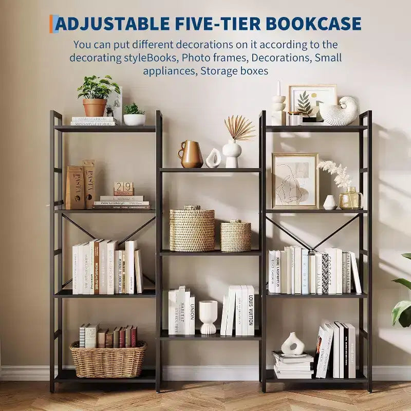 Étagère Acekool Triple Colonne 4 Niveaux, Bibliothèque Industrielle Réglable avec 11 Étagères Ouvertes, Grand Rangement pour Salon, Chambre, Bureau, Marron