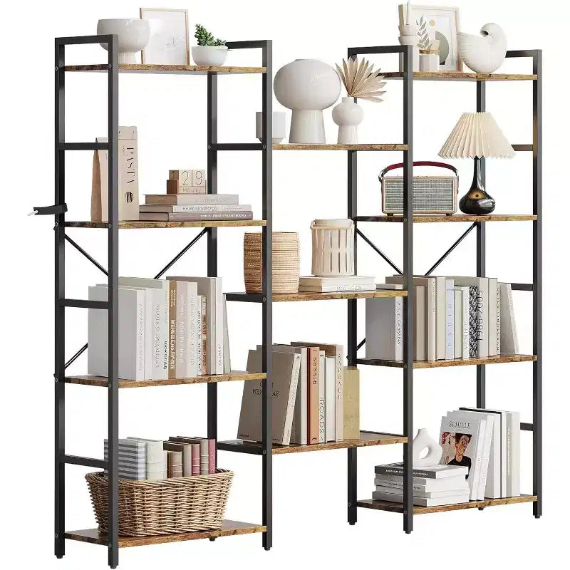 Étagère Acekool Triple Colonne 4 Niveaux, Bibliothèque Industrielle Réglable avec 11 Étagères Ouvertes, Grand Rangement pour Salon, Chambre, Bureau, Marron