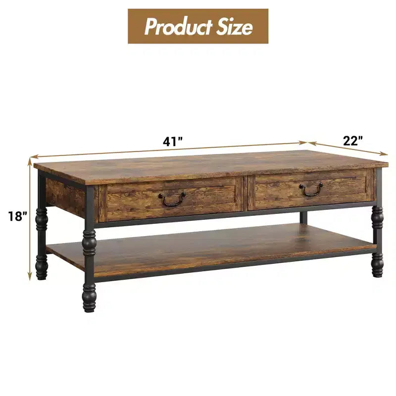 Table Basse Moderne Mid-Century GustoWave 41 avec 2 Tiroirs et Étagère de Rangement pour Salon, Bureau, Boudoir, Salle de Lecture, Marron Rustique