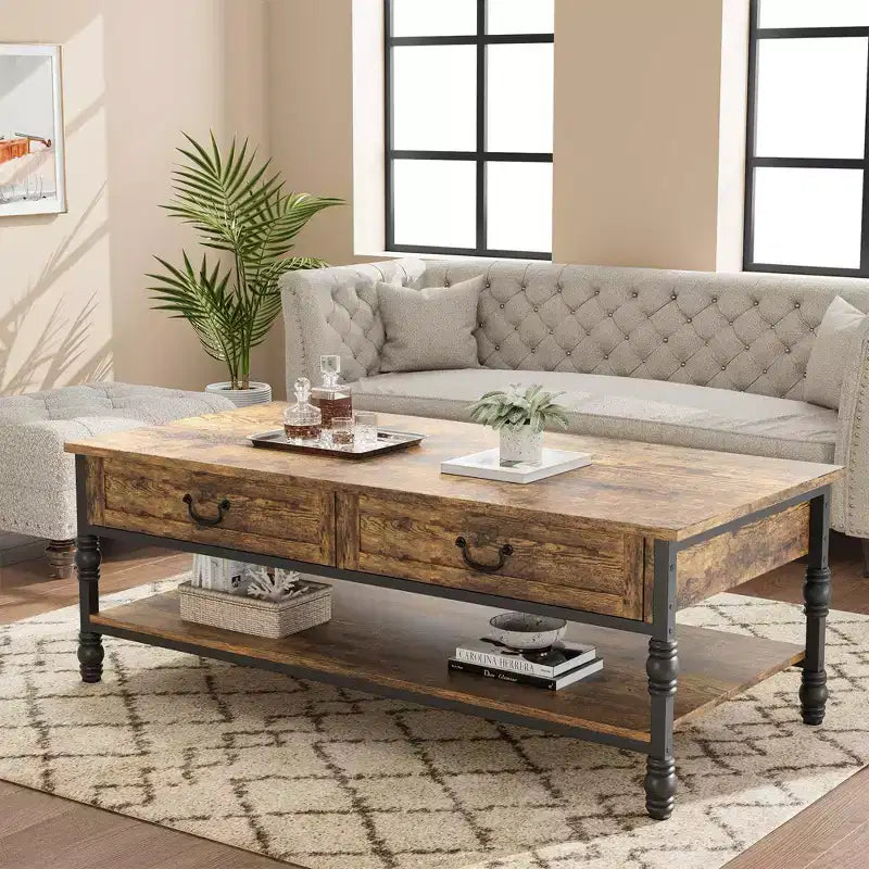 Table Basse Moderne Mid-Century GustoWave 41 avec 2 Tiroirs et Étagère de Rangement pour Salon, Bureau, Boudoir, Salle de Lecture, Marron Rustique