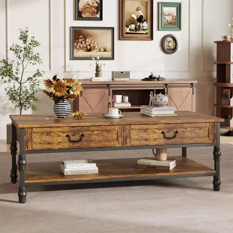 Table Basse Moderne Mid-Century GustoWave 41 avec 2 Tiroirs et Étagère de Rangement pour Salon, Bureau, Boudoir, Salle de Lecture, Marron Rustique