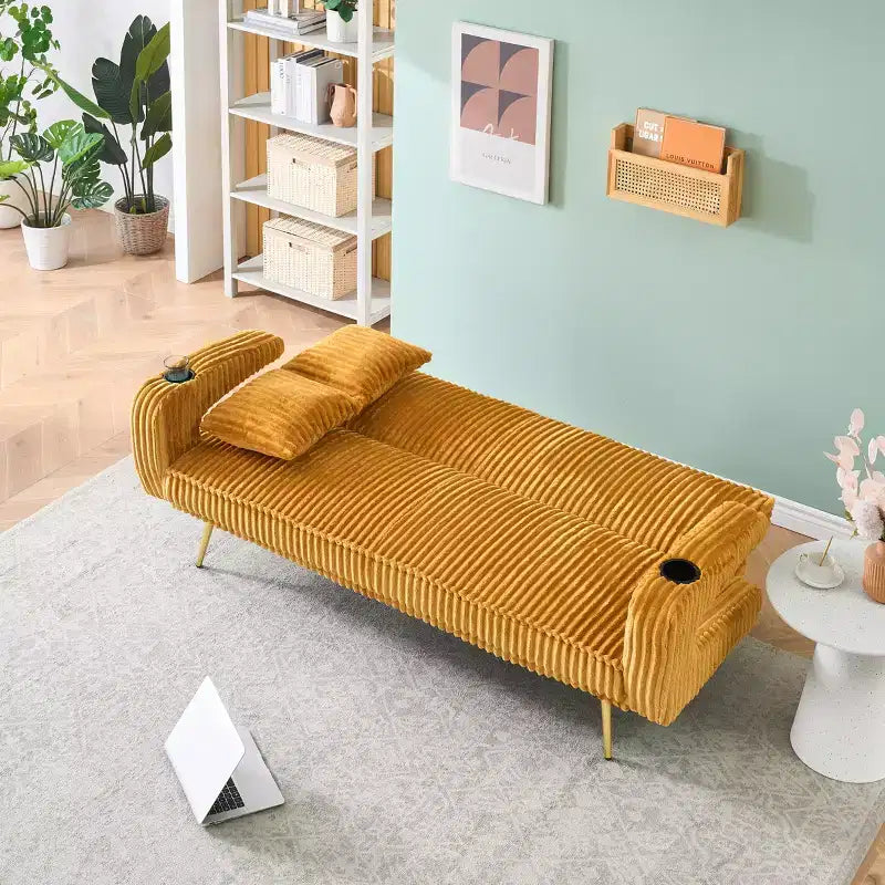 MAYEERTY Canapé-Lit Droit en Velours Côtelé avec Oreillers Réglable sur Trois Niveaux pour Utilisation dans le Salon Orange