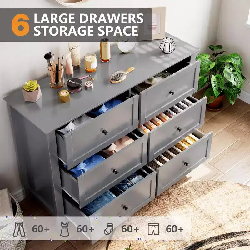 Commode à 6 tiroirs pour chambre à coucher, commode de style ferme en bois et commode à tiroirs pour vêtements, organisateur de commode haute