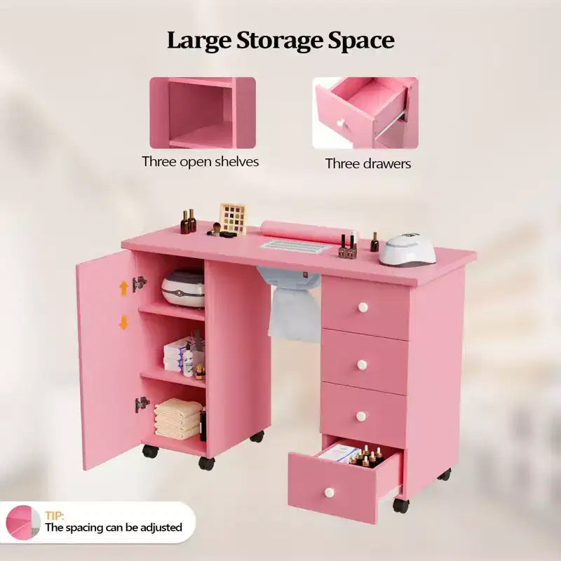 Karlhome Table de manucure en MDF blanc de 42,5 po avec 4 tiroirs, armoire, portes et collecteur de poussière électrique