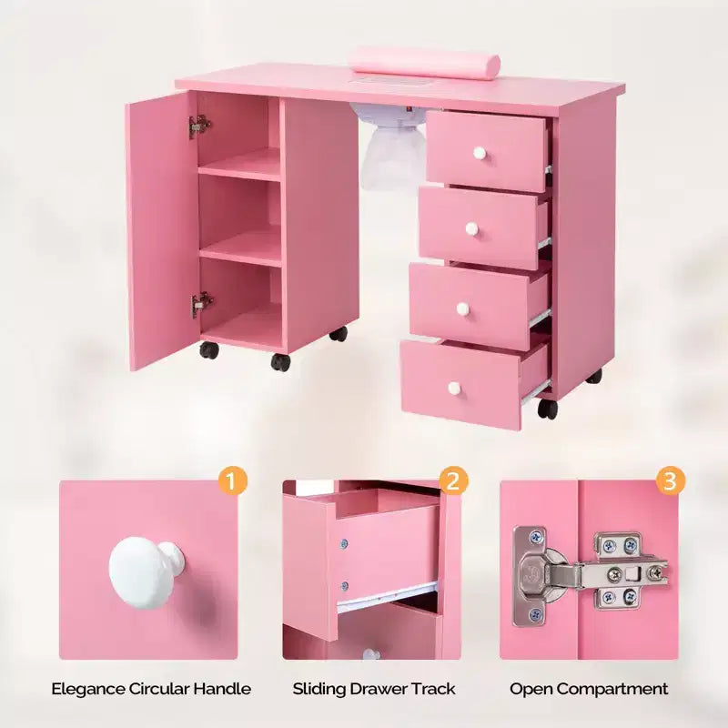 Karlhome Table de manucure en MDF blanc de 42,5 po avec 4 tiroirs, armoire, portes et collecteur de poussière électrique