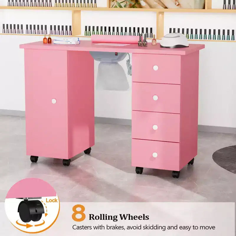Karlhome Table de manucure en MDF blanc de 42,5 po avec 4 tiroirs, armoire, portes et collecteur de poussière électrique