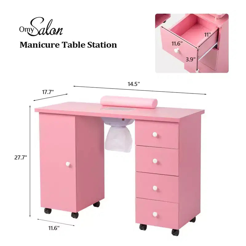 Karlhome Table de manucure en MDF blanc de 42,5 po avec 4 tiroirs, armoire, portes et collecteur de poussière électrique