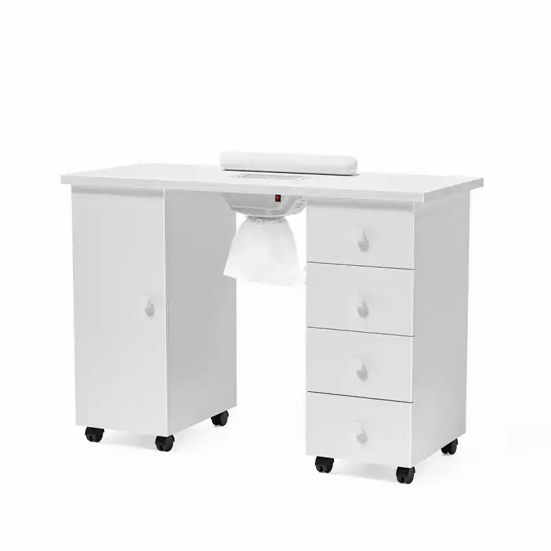 Karlhome Table de manucure en MDF blanc de 42,5 po avec 4 tiroirs, armoire, portes et collecteur de poussière électrique